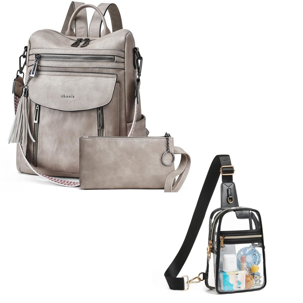 Backpack Purse for Women + Clear Bag Stadium Approved Grey&Black🫵
